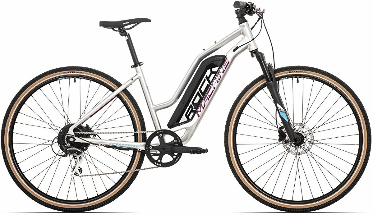 elektrokolo Rock Machine CrossRide e350 lady gloss silver/dark crimson/neon cyan (500Wh) (M)
